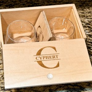 Monogrammed 5 Piece Gift Set with Glasses & Wood Coasters