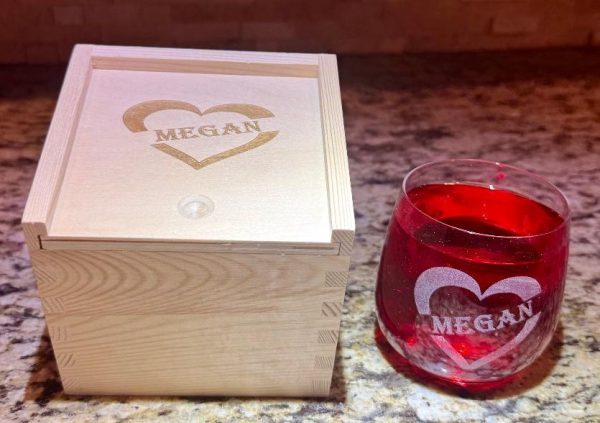 Ohio Basket Chic personalized heart gift set with custom engraved wooden keepsake box and matching engraved glass