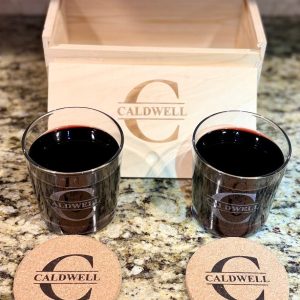 Custom monogrammed 5-piece gift set with personalized glasses and cork coasters