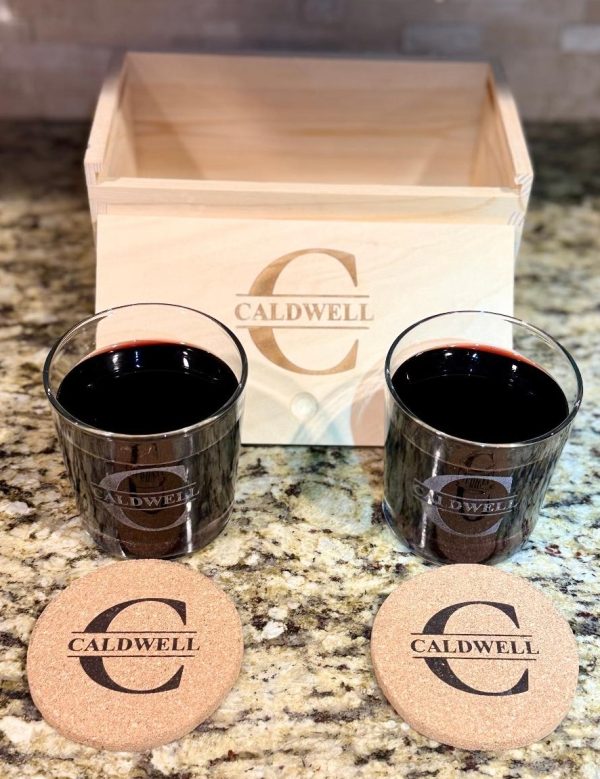 Custom monogrammed 5-piece gift set with personalized glasses and cork coasters