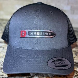 Chevy Apache truck hat with 1958-1959 fender spear emblem on a classic gray or black trucker cap.