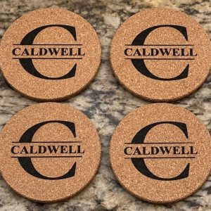 Set of 4 custom 3-inch monogram cork coasters engraved with family last name initial