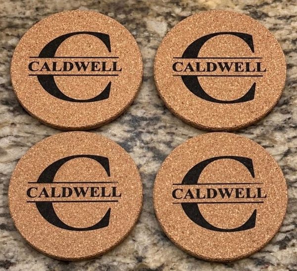 Set of 4 custom 3-inch monogram cork coasters engraved with family last name initial