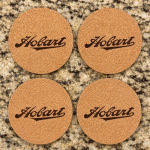 Set of 4 custom 3-inch cork coasters engraved with company logo for corporate gifts