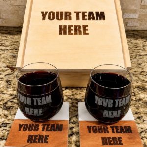 5 piece personalized sports team gift set featuring wooden box, two engraved rocks glasses, and two coasters