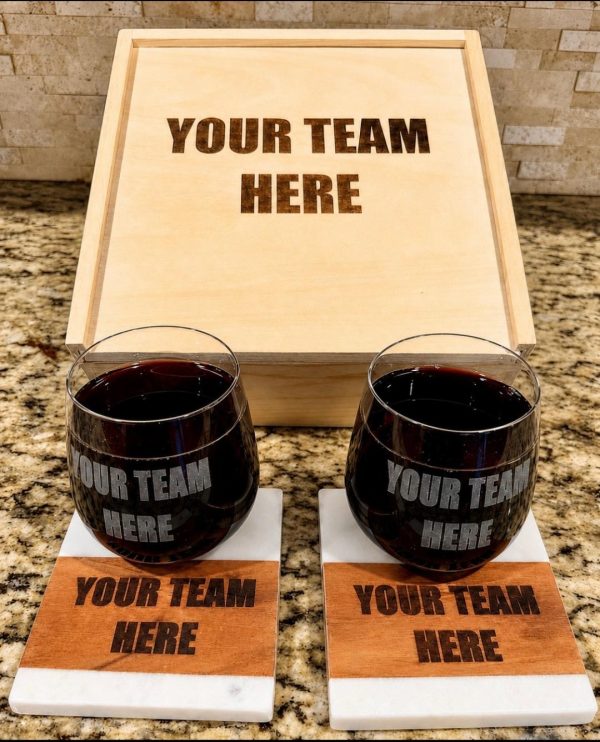 5 piece personalized sports team gift set featuring wooden box, two engraved rocks glasses, and two coasters